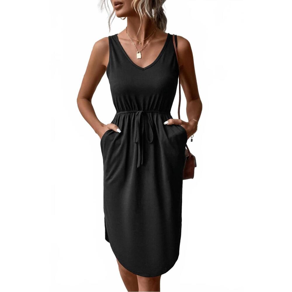 NEW TRENDSI perfee v-neck curved hem sleeveless dress in black